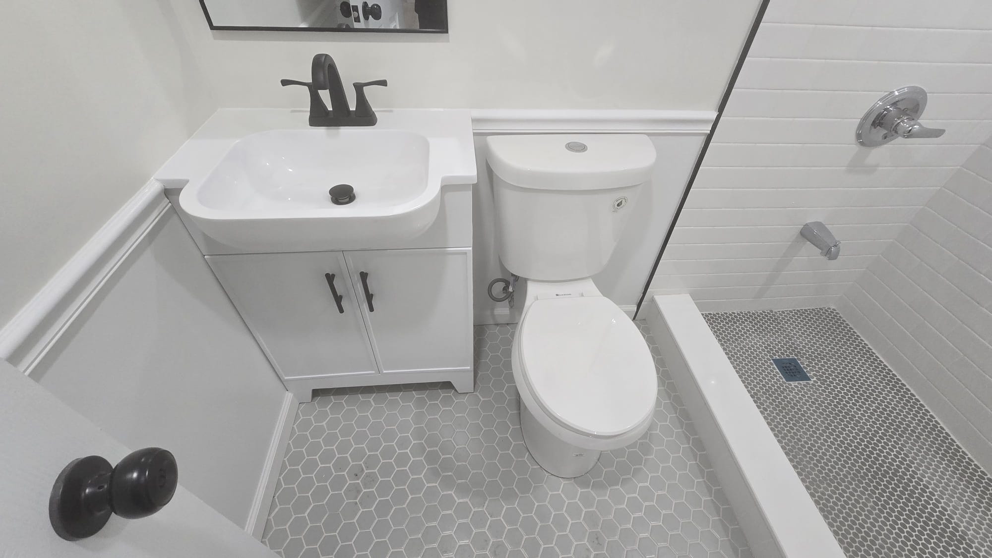 Completed Bathroom — Hex Tile & Walk-In Shower